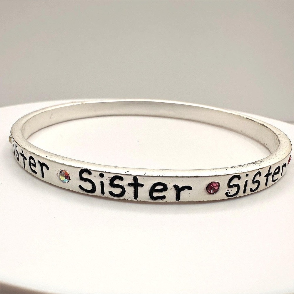 Vintage Y2K Silver Tone Sister Bangle Bracelet AB Rhinestone Crystal Jewelry 90s